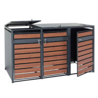 Mülltonnenbox 3er aus Metall anthrazit mit dunkler Holzoptik