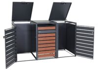 Mülltonnenbox 3er aus Metall anthrazit mit dunkler Holzoptik