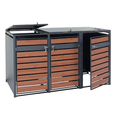 Mülltonnenbox 3er aus Metall anthrazit mit dunkler Holzoptik