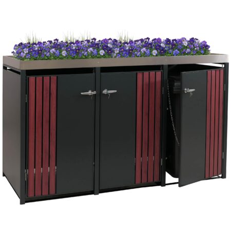 Mülltonnenbox 3er aus Metall anthrazit Holzoptik mit Pflanzkasten