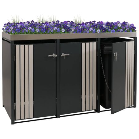 Mülltonnenbox 3er Metall anthrazit Holzoptik mit Pflanzkasten