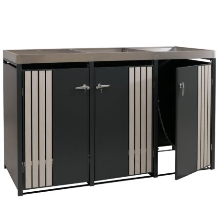 Mülltonnenbox 3er Metall anthrazit Holzoptik mit Pflanzkasten