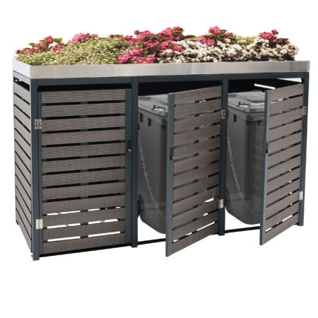 Mülltonnenbox 3er Set anthrazit mit Pflanzkasten aus WPC und Edelstahl