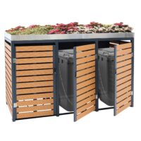 Mülltonnenbox 3er aus WPC und Edelstahl mit Pflanzkasten in Teak-Optik