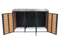 Mülltonnenbox 3er aus WPC und Edelstahl mit Pflanzkasten in Teak-Optik