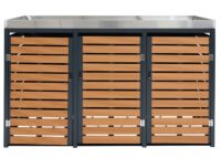 Mülltonnenbox 3er aus WPC und Edelstahl mit Pflanzkasten in Teak-Optik