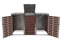 Mülltonnenbox 3-fach aus WPC und Edelstahl in Walnuss-Holzoptik 120x200x85 cm