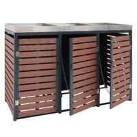 Mülltonnenbox 3er mit Pflanzkasten aus WPC und Edelstahl in Walnuss-Optik