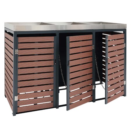 Mülltonnenbox 3er mit Pflanzkasten aus WPC und Edelstahl in Walnuss-Optik