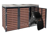 Mülltonnenbox 3er mit Pflanzkasten aus WPC und Edelstahl in Walnuss-Optik