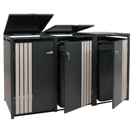 Mülltonnenbox für 3 Tonnen aus Metall anthrazit helle Holzoptik