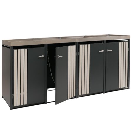 Mülltonnenbox 4er aus Metall anthrazit Holzoptik mit Pflanzkasten