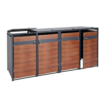 Mülltonnenbox 4er aus Metall anthrazit in Kirsch-Holzoptik erweiterbar