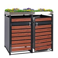 Mülltonnenbox Metall anthrazit Holzoptik für 2 Tonnen mit Pflanzkasten