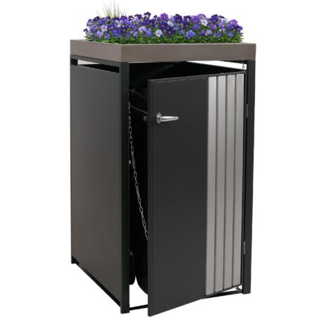 Mülltonnenbox aus Metall anthrazit mit Pflanzkasten und Edelstahl