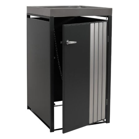 Mülltonnenbox aus Metall anthrazit mit Pflanzkasten und Edelstahl