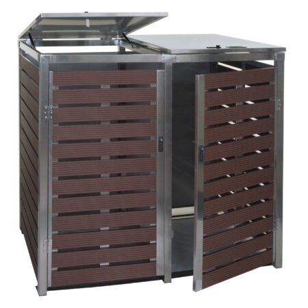 Mülltonnenbox XL aus WPC und Edelstahl in Walnuss-Optik für 2 bis 4 Tonnen