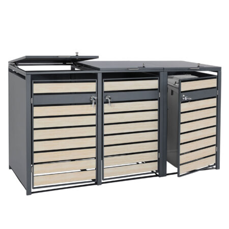 Mülltonnenverkleidung 3er aus Metall anthrazit mit Holzoptik