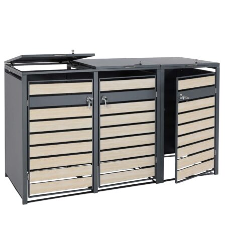 Mülltonnenverkleidung 3er aus Metall anthrazit mit Holzoptik