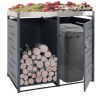 Mülltonnenverkleidung aus Metall anthrazit mit integriertem Brennholzlager