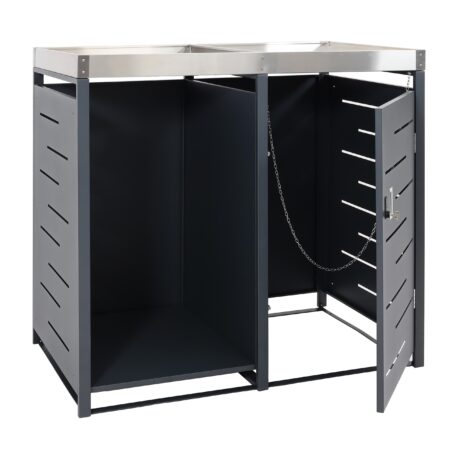 Mülltonnenverkleidung aus Metall anthrazit mit integriertem Brennholzlager