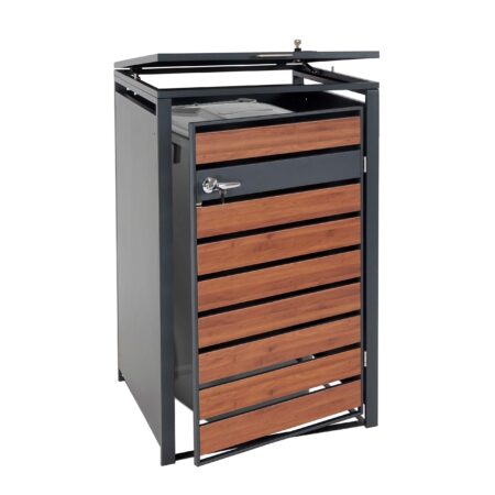 Mülltonnenverkleidung aus Metall anthrazit in Kirsch-Holzoptik dunkelbraun