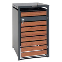 Mülltonnenverkleidung aus Metall anthrazit in Kirsch-Holzoptik dunkelbraun