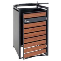 Mülltonnenverkleidung aus Metall anthrazit in Kirsch-Holzoptik dunkelbraun