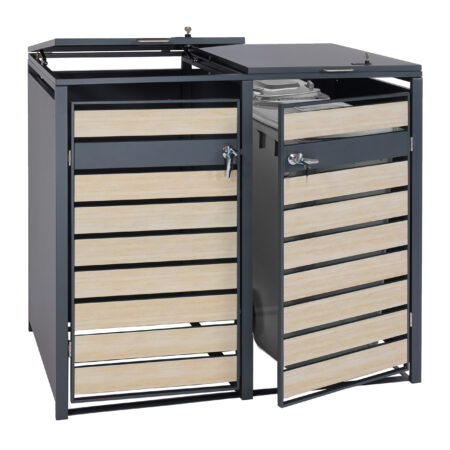 Mülltonnenverkleidung XL aus Metall anthrazit mit Holzoptik für 2 bis 4 Tonnen