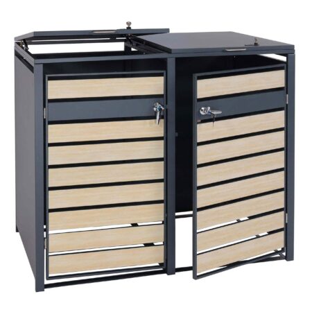 Mülltonnenverkleidung XL aus Metall anthrazit mit Holzoptik für 2 bis 4 Tonnen