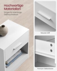 Weißer Nachttisch mit Schublade, praktisch und zeitlos.