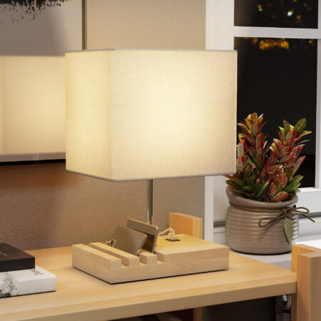 Nachttischlampe mit USB Ablage Holz Stoffschirm für Schlafzimmer weiss