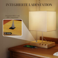 Nachttischlampe mit USB Ablage Holz Stoffschirm für Schlafzimmer weiss
