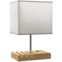 Nachttischlampe mit USB Ablage Holz Stoffschirm für Schlafzimmer weiss