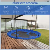 Blaue runde Nestschaukel mit einem Durchmesser von 110cm, verstellbar und bis 150kg belastbar. Sie bietet Platz für mehrere Kinder und lädt zum Schaukeln und Entspannen ein.