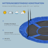 Blaue runde Nestschaukel mit einem Durchmesser von 110cm, verstellbar und bis 150kg belastbar. Sie bietet Platz für mehrere Kinder und lädt zum Schaukeln und Entspannen ein.