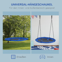Blaue runde Nestschaukel mit einem Durchmesser von 110cm, verstellbar und bis 150kg belastbar. Sie bietet Platz für mehrere Kinder und lädt zum Schaukeln und Entspannen ein.