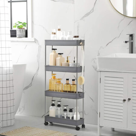 Schmales Nischenregal mit vier Stufen für Bad, Flur oder Küche.