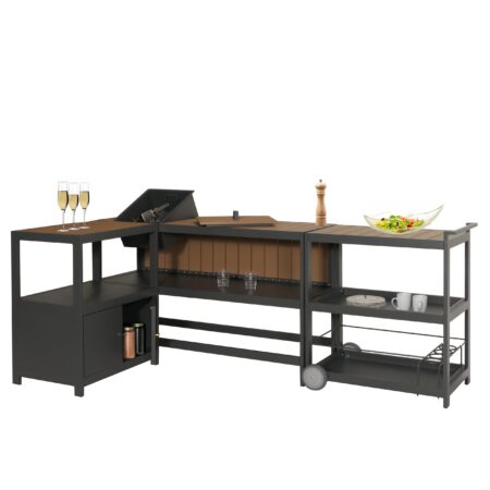 3-tlg. Aluminium Outdoor-Küche Garten mit Servierwagen Eiskübel Schrank anthrazit Holzoptik