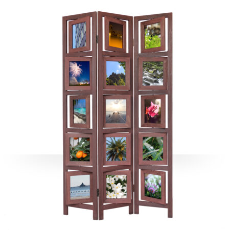 Paravent Raumteiler 3 teilig aus Holz mit 15 Bilderrahmen Braun