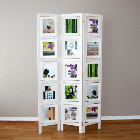 Paravent Raumteiler 3 teilig aus Holz mit 15 Bilderrahmen Weiss