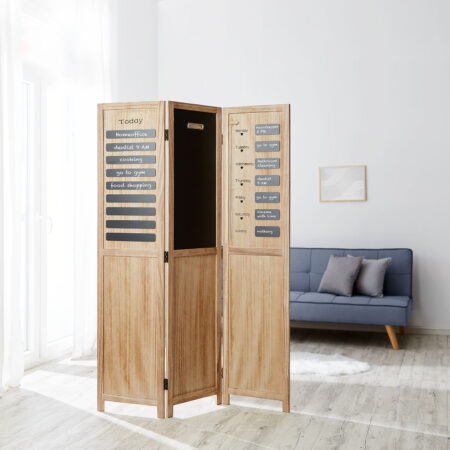 Paravent Raumteiler 3 teilig aus Holz mit Tafel & Wochenplaner Natur