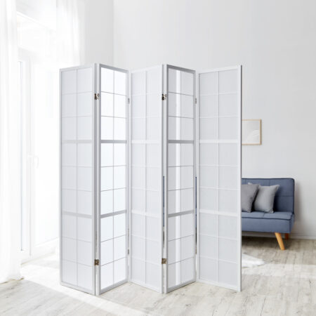 Paravent Raumteiler 5-teilig Shoji-Trennwand aus Holz Weiss