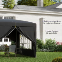 Schwarzer Pavillon 3x3m mit UV-Schutz 50+, faltbar, mit Seitenteilen & Tasche.