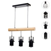Pendelleuchte Hängelampe Industrial Vintage Holz Metall 3 Spotlampenschirme schwarz