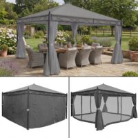 Pergola Gartenpavillon 4x4 m mit Seitenwand und Moskitonetz grau