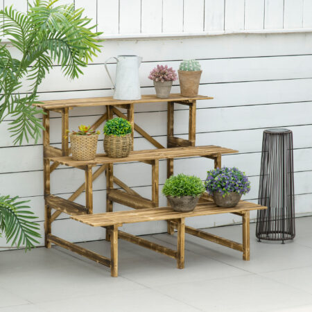 Pflanzentreppe aus Tannenholz mit 3 Stufen, Maße 100x80x78 cm.