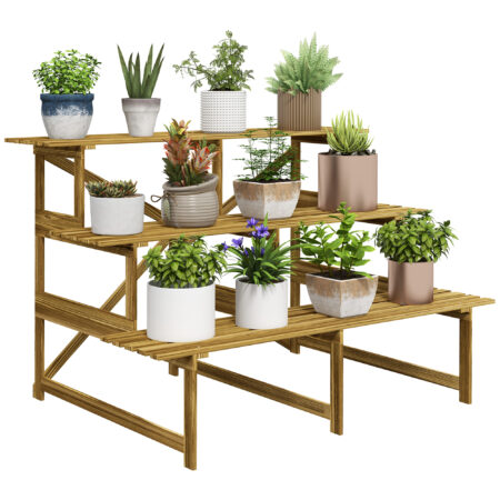 Pflanzentreppe aus Tannenholz mit 3 Stufen, Maße 120x80x78 cm.