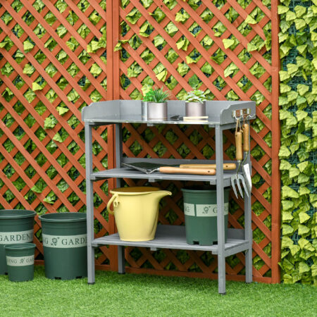 Pflanztisch mit robuster Metall-Arbeitsfläche für Balkon und Garten.