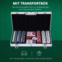 Kompakter Pokerkoffer mit 300 Chips, zwei Kartenspielen und fünf Würfeln, ideal für unterwegs im handlichen Alukoffer.